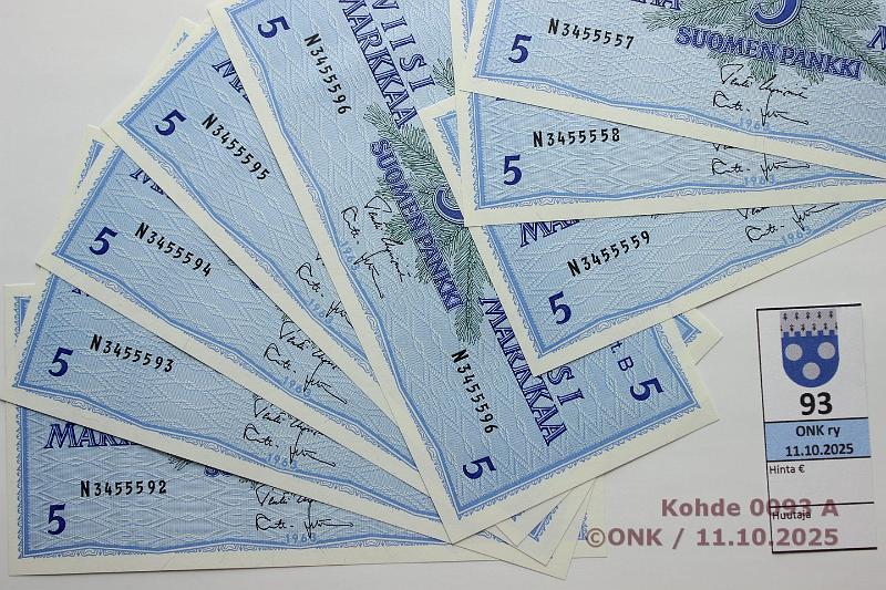 k-0093-a.jpg - Kohde 93, lhthinta: 20 € / myyntihinta: 20 € 5 mk 1963 LB (8) SNY 135.5.1 N3455557-59, N3455592-96 UUS-Leh, 3+5 perk., kunto: 9