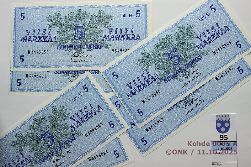 k-0095-a.jpg - Kohde 95, lhthinta: 15 € / myyntihinta: 15 € 5 mk 1963 LB (6) SNY 135.5.1 N
KU I-Pu1, 2 perk., N
KO II-Ko1, 2 perk., N
UUS-Hes, 2 samasta pakasta, kunto: 9