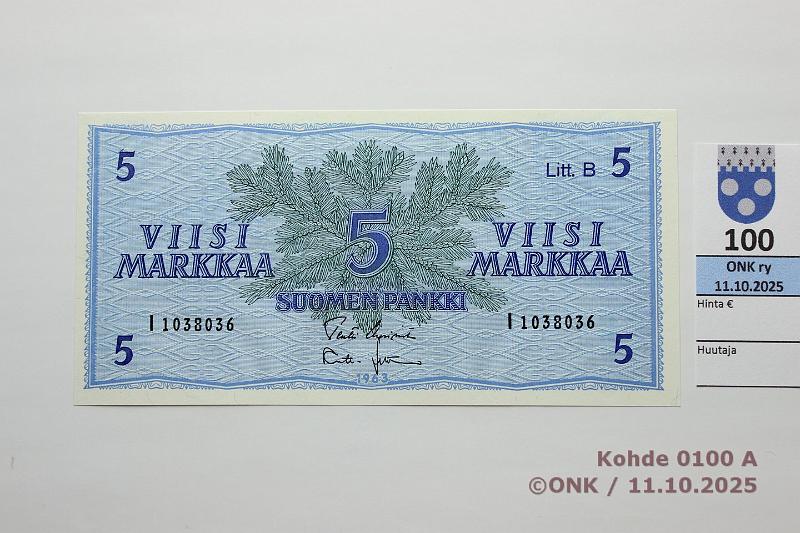 k-0100-a.jpg - Kohde 100, lhthinta: 80 € / ei tarjouksia 5 mk 1963 LB I-sarja SNY 135.6.4 I1038036 UUS-Leh, korvaava, kunto: 9