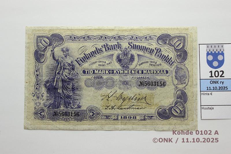 k-0102-a.jpg - Kohde 102 (kuva 1/2), lhthinta: 180 € / myyntihinta: 200 € 10 mk 1898 SNY 140.3 5603156, WEG-Lan, 2. painos, tp leima, kauniit vrit, kova paperi, kunto: 6