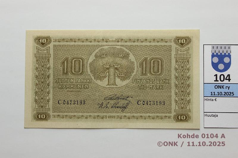 k-0104-a.jpg - Kohde 104 (kuva 1/2), lhthinta: 50 € / myyntihinta: 50 € 10 mk 1922 SNY 143.1 C0473193 STE-The, kunto: 7