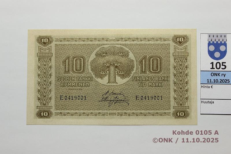 k-0105-a.jpg - Kohde 105, lhthinta: 90 € / myyntihinta: 92 € 10 mk 1922 SNY 143.1 E0419001 BA II-His, kunto: 9