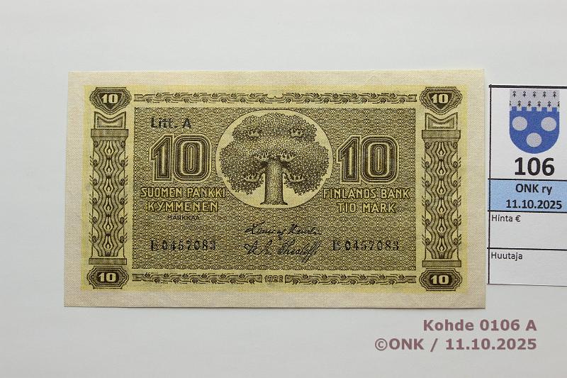 k-0106-a.jpg - Kohde 106 (kuva 1/2), lhthinta: 90 € / myyntihinta: 120 € 10 mk 1922 LA SNY 143.2 E0457083 HEU-The, kunto: 9