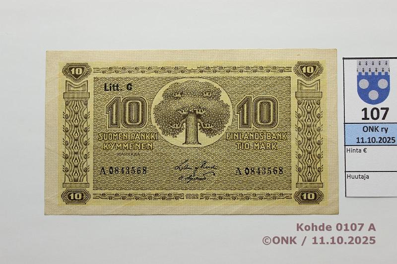 k-0107-a.jpg - Kohde 107, lhthinta: 40 € / myyntihinta: 40 € 10 mk 1922 LC SNY 143.4 A0843568 HEU-OAs, kunto: 8