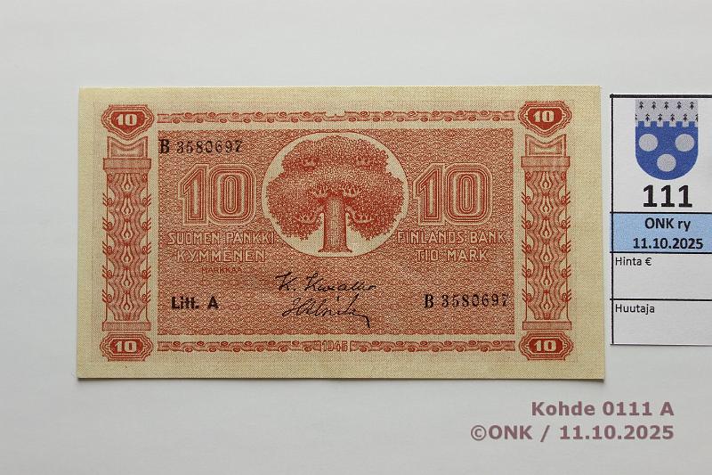 k-0111-a.jpg - Kohde 111, lhthinta: 8 € / myyntihinta: 8 € 10 mk 1945 LA SNY 145.1.1 B3580697 KIV-Als, kunto: 8