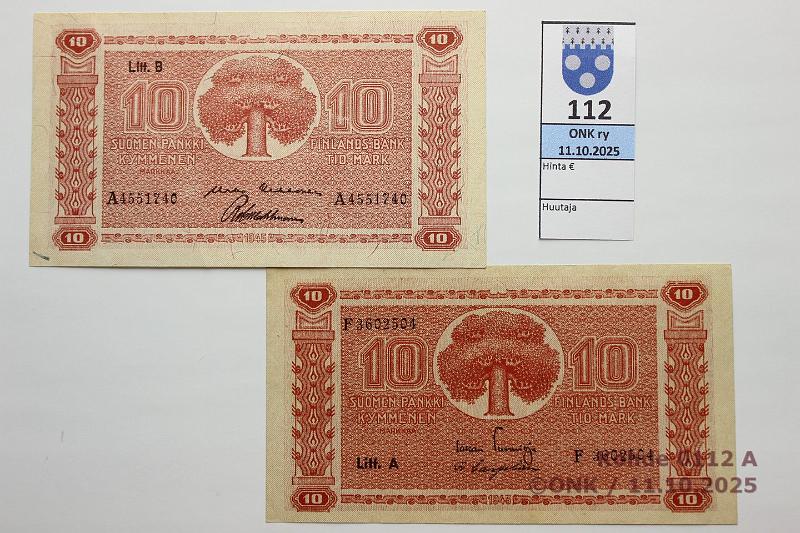 k-0112-a.jpg - Kohde 112, lhthinta: 20 € / myyntihinta: 20 € 10 mk 1945 LA+LB SNY 145.1.1+.2.1 LA F3602504 TUO-Car; LB A4551740 KEK-Wah, kunto: 9, 7