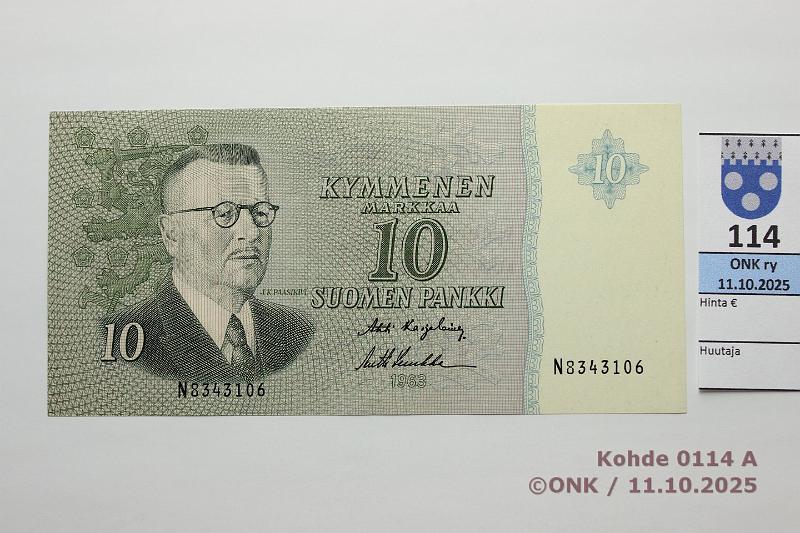 k-0114-a.jpg - Kohde 114, lhthinta: 60 € / myyntihinta: 60 € 10 mk 1963 SNY 146.1.1 N8343106 KA I-Luu, vl1, kunto: 9