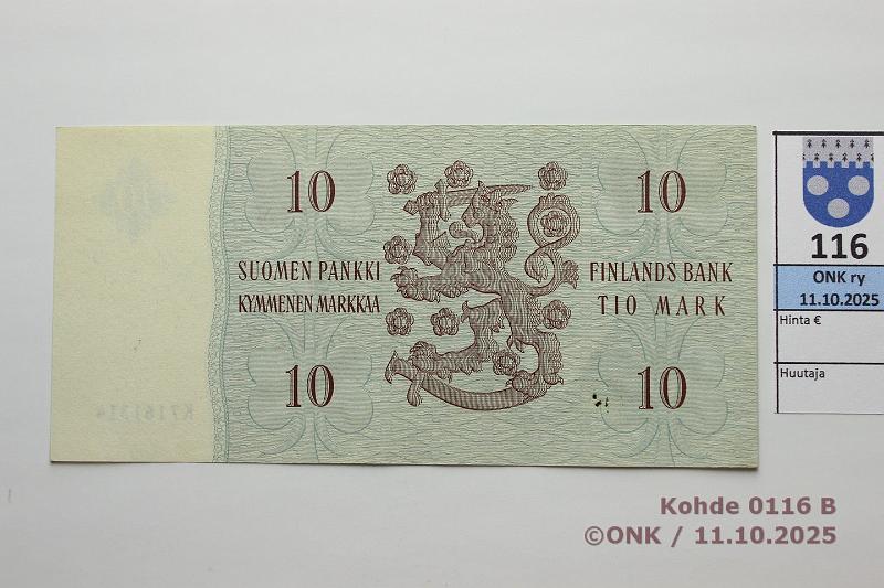 k-0116-b.jpg - Kohde 116 (kuva 2/2), lhthinta: 10 € / myyntihinta: 17 € 10 mk 1963 SNY 146.1.3 K7161314 WAR-Tr, vl2, mattapinta, prsstty?, kunto: 6