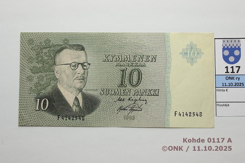 k-0117-a.jpg - Kohde 117, lhthinta: 20 € / ei tarjouksia 10 mk 1963 SNY 146.1.3 F4142548 KA I-AAs, vl2, pehmet taitteet, kunto: 7