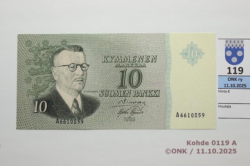 k-0119-a.jpg - Kohde 119, lhthinta: 35 € / ei tarjouksia 10 mk 1963 SNY 146.1.3 A6610859 SIM-AAs, vl2, kunto: 9