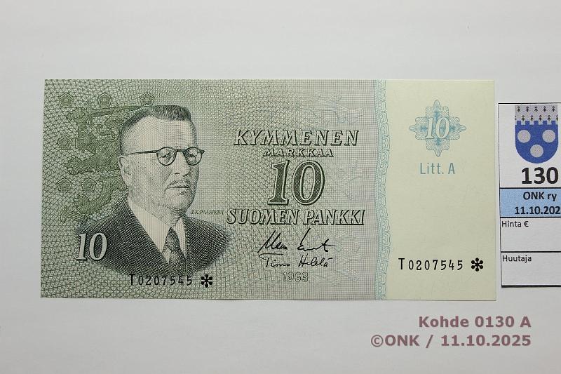 k-0130-a.jpg - Kohde 130, lhthinta: 25 € / ei tarjouksia 10 mk 1963 LA T* SNY 146.4.3 T0207545* KO II-He, korvaava, kunto: 9