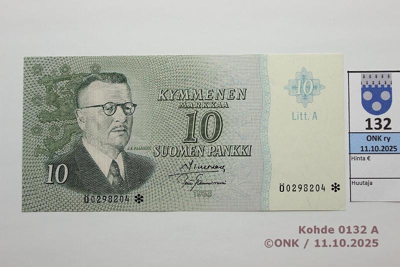 k-0132-a.jpg - Kohde 132, lhthinta: 300 € / ei tarjouksia 10 mk 1963 LA * SNY 146.4.4 0298204* SIM-Tam, korvaava, kevyt keskitaite, painaumia, kunto: 8