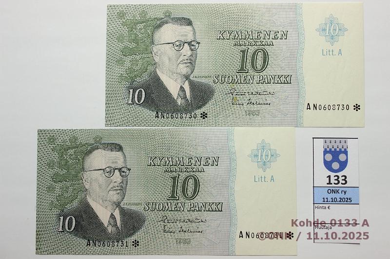 k-0133-a.jpg - Kohde 133, lhthinta: 15 € / myyntihinta: 15 € 10 mk 1963 LA AN* (2) SNY 146.4.7 AN0608730-31* HET-Hes, 2 perk. korvaavaa, toisessa ptahra, toisessa painuma, kunto: 9