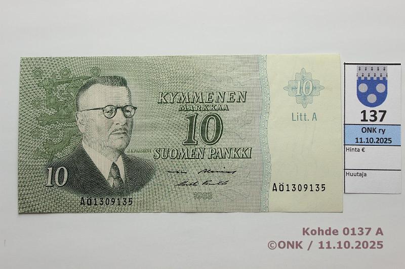 k-0137-a.jpg - Kohde 137, lhthinta: 180 € / ei tarjouksia 10 mk 1963 LA A-sarja SNY 146.4.9 A1309135 AL I-Pu1, vl1, korvaava, kunto: 6