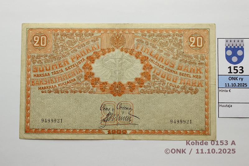k-0153-a.jpg - Kohde 153 (kuva 1/2), lhthinta: 60 € / myyntihinta: 60 € 20 mk 1909 SNY 156.1 9499921 COL-Ml, kunto: 5