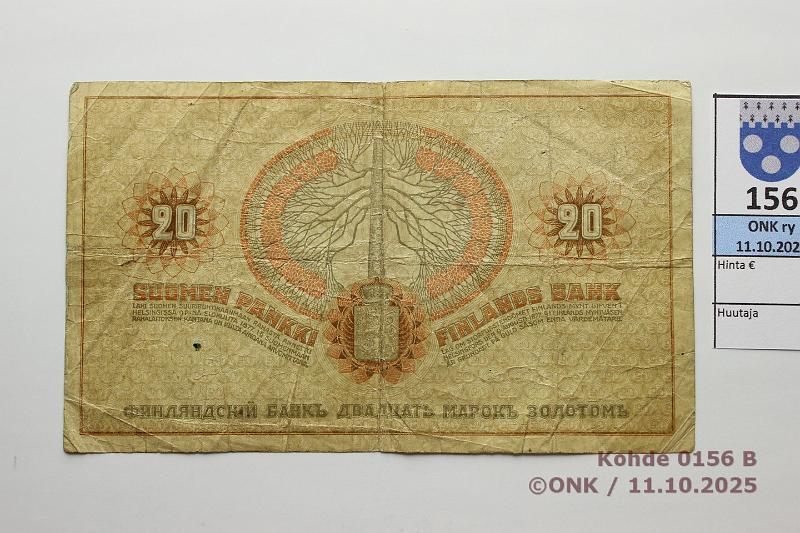k-0156-b.jpg - Kohde 156 (kuva 2/2), lhthinta: 30 € / myyntihinta: 30 € 20 mk 1909 KV SNY 156.4.1 10003957 COL-His, 8 n:oa (painos 19000), niitinreit, kunto: 3