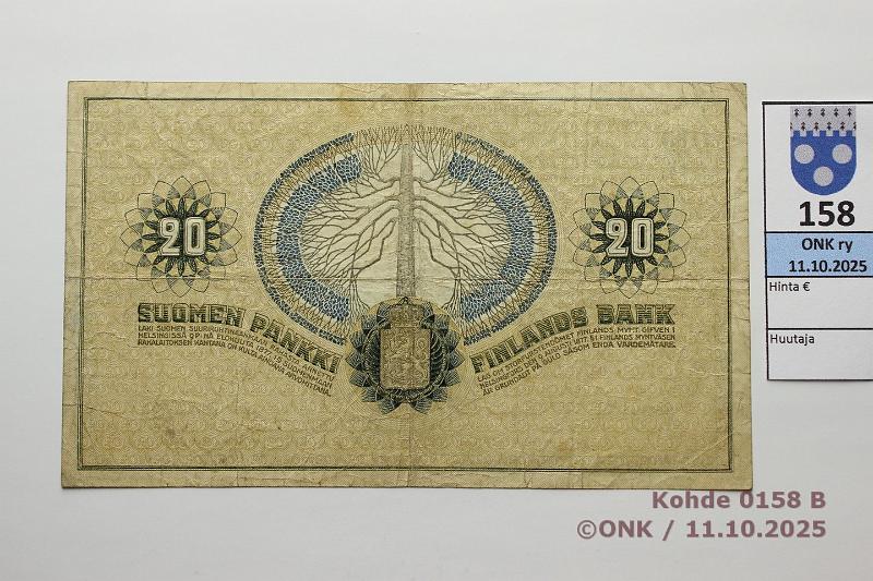 k-0158-b.jpg - Kohde 158 (kuva 2/2), lhthinta: 40 € / ei tarjouksia 20 mk 1918 SNY 157 0089159 JR-Ml, kunto: 4