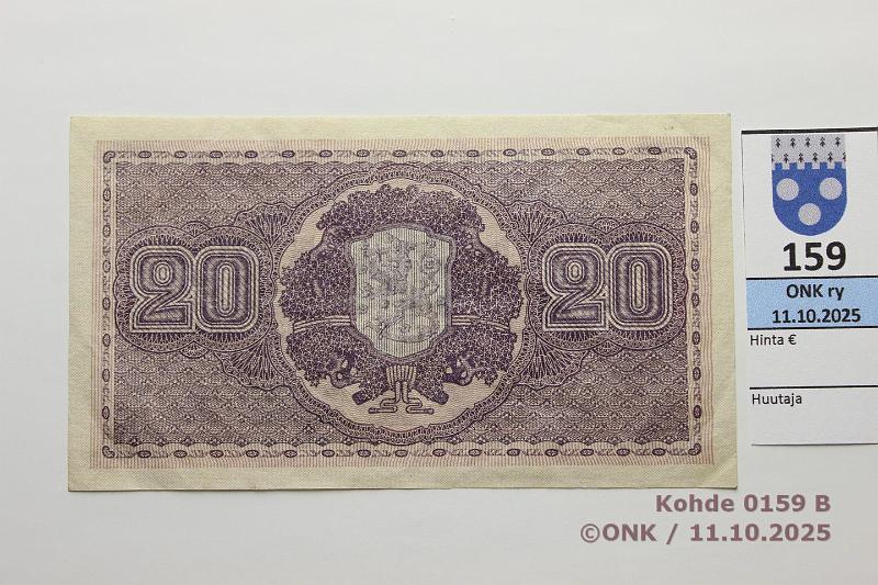 k-0159-b.jpg - Kohde 159 (kuva 2/2), lhthinta: 50 € / myyntihinta: 50 € 20 mk 1922 SNY 158.1 C0909135 HEU-The, kunto: 5