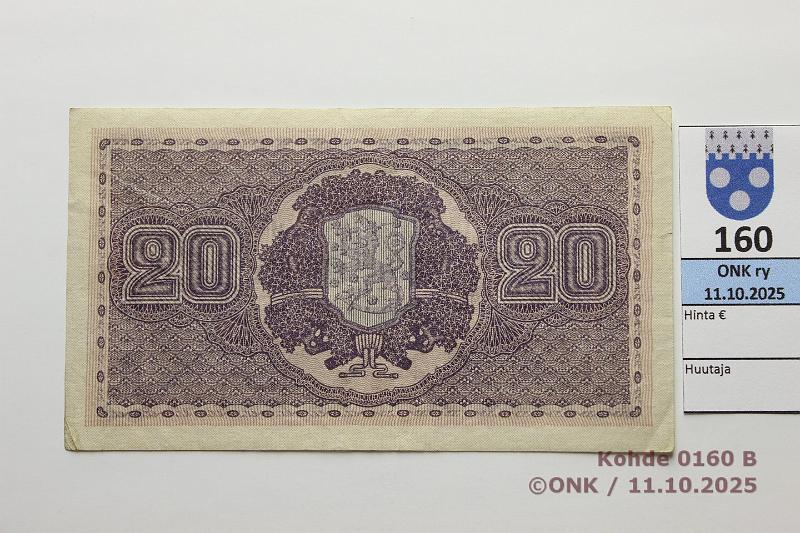 k-0160-b.jpg - Kohde 160 (kuva 2/2), lhthinta: 90 € / ei tarjouksia 20 mk 1922 SNY 158.1 A0068187 GR I-The, kunto: 6