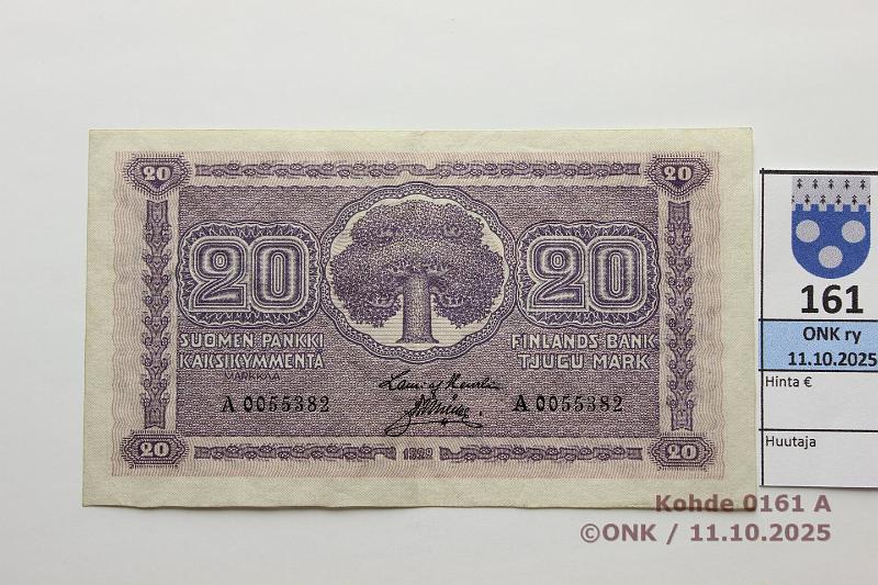 k-0161-a.jpg - Kohde 161 (kuva 1/2), lhthinta: 130 € / ei tarjouksia 20 mk 1922 SNY 158.1 A0055382 HEU-Ml, kunto: 7