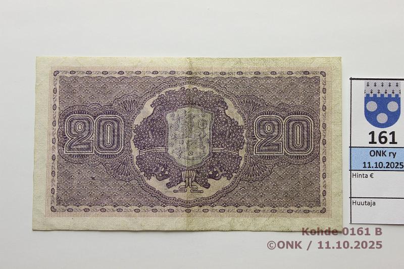 k-0161-b.jpg - Kohde 161 (kuva 2/2), lhthinta: 130 € / ei tarjouksia 20 mk 1922 SNY 158.1 A0055382 HEU-Ml, kunto: 7