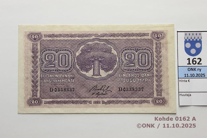 k-0162-a.jpg - Kohde 162 (kuva 1/2), lhthinta: 180 € / ei tarjouksia 20 mk 1922 SNY 158.1 D0338337 RYT-OAs, kunto: 8