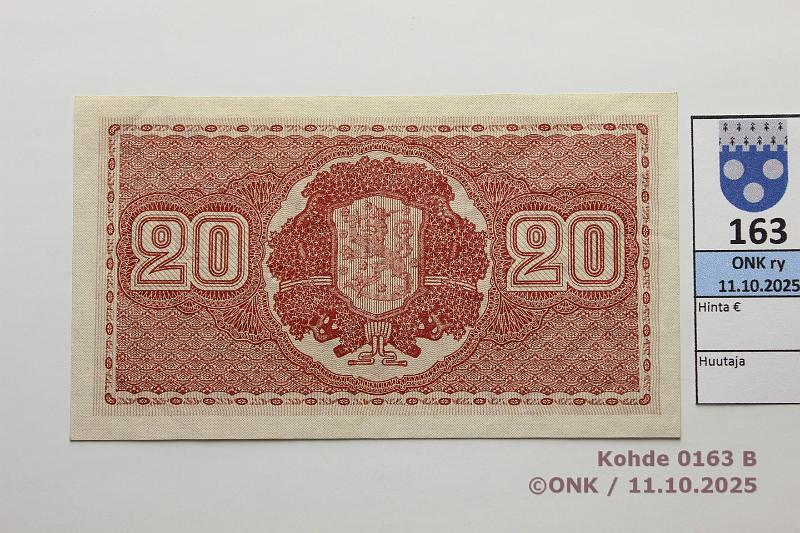 k-0163-b.jpg - Kohde 163 (kuva 2/2), lhthinta: 350 € / ei tarjouksia 20 mk 1922 LA SNY 158.2 C0888247 GR II-OAs, kunto: 7