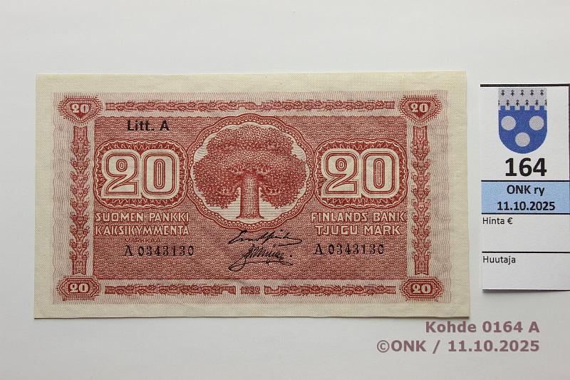 k-0164-a.jpg - Kohde 164 (kuva 1/2), lhthinta: 600 € / ei tarjouksia 20 mk 1922 LA SNY 158.2 A0343130 GR I-Ml, kulmissa painumat, kunto: 9