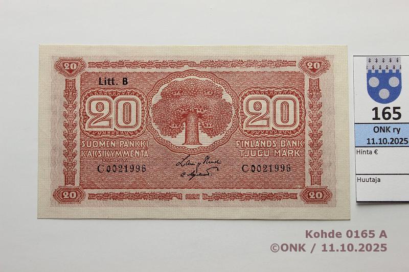 k-0165-a.jpg - Kohde 165 (kuva 1/2), lhthinta: 1500 € / ei tarjouksia 20 mk 1922 LB SNY 158.3 C0021996 HEU-OAs, harvinainen kunto, kunto: 9