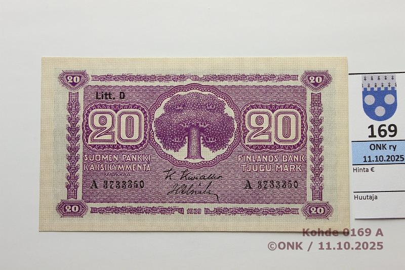 k-0169-a.jpg - Kohde 169, lhthinta: 18 € / myyntihinta: 24 € 20 mk 1939 LD SNY 159.2 A3733350 KIV-Als, vl2, painumia, kunto: 9
