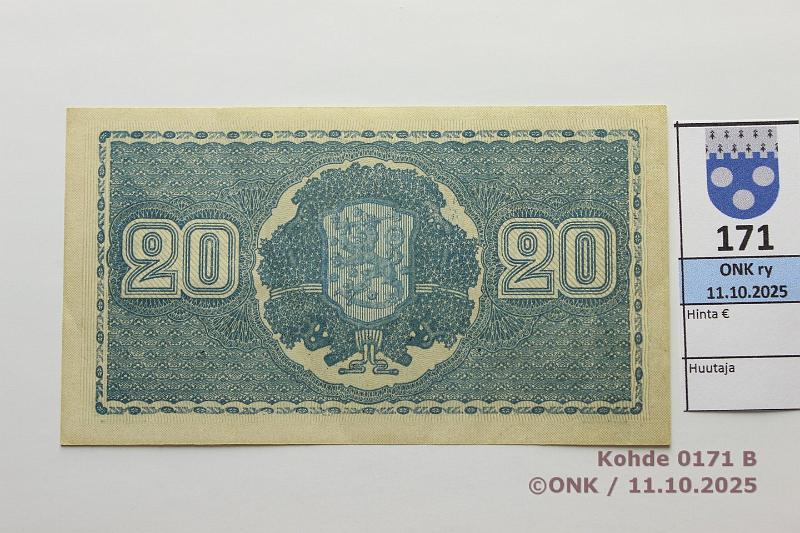 k-0171-b.jpg - Kohde 171 (kuva 2/2), lhthinta: 12 € / myyntihinta: 12 € 20 mk 1945 LA SNY 160.1.1 F2631793 KEK-Als, kunto: 8