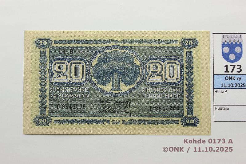 k-0173-a.jpg - Kohde 173, lhthinta: 5 € / myyntihinta: 12 € 20 mk 1945 LB SNY 160.2.1 I8846006 TUO-Als, kunto: 8