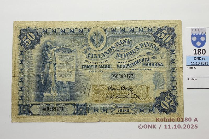 k-0180-a.jpg - Kohde 180 (kuva 1/2), lhthinta: 200 € / ei tarjouksia 50 mk 1898 SNY 164.3 0389477 COL-Lan, rep, reiki, tahra, kunto: 3