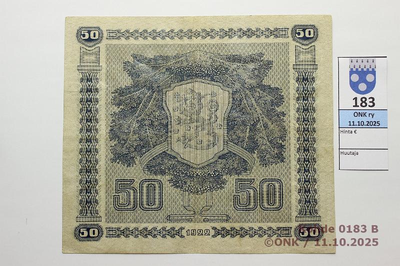 k-0183-b.jpg - Kohde 183 (kuva 2/2), lhthinta: 600 € / ei tarjouksia 50 mk 1922 SNY 167.1 B0363029 BA II-Ml, kunto: 5