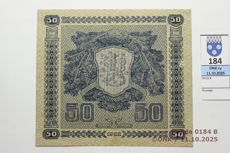 k-0184-b.jpg - Kohde 184 (kuva 2/2), lhthinta: 500 € / ei tarjouksia 50 mk 1922 LA SNY 167.2 F0041330 HEU-OAs, kunto: 7