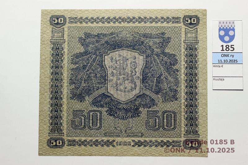 k-0185-b.jpg - Kohde 185 (kuva 2/2), lhthinta: 2500 € / ei tarjouksia 50 mk 1922 LB SNY 167.3 B0385415 BUR-OAs, kunto: 5
