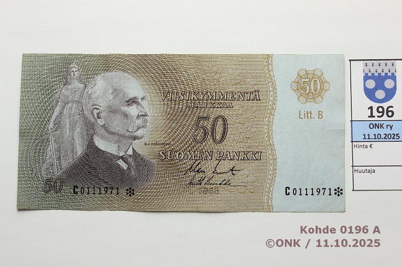 k-0196-a.jpg - Kohde 196 (kuva 1/2), l�ht�hinta: 150 &euro; / ei tarjouksia 50 mk 1963 LB C* SNY 170.6.3 C0111971* KO II-Luu, korvaava, lainetta, kunto: 5