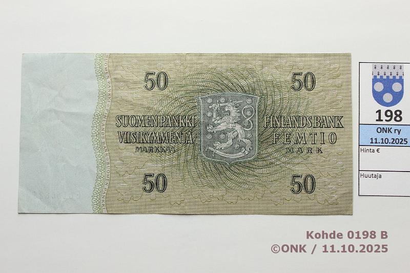 k-0198-b.jpg - Kohde 198 (kuva 2/2), l�ht�hinta: 90 &euro; / myyntihinta: 90 &euro; 50 mk 1963 LB E* SNY 170.6.5 E0160826* HET-M�1, korvaava, kunto: 4