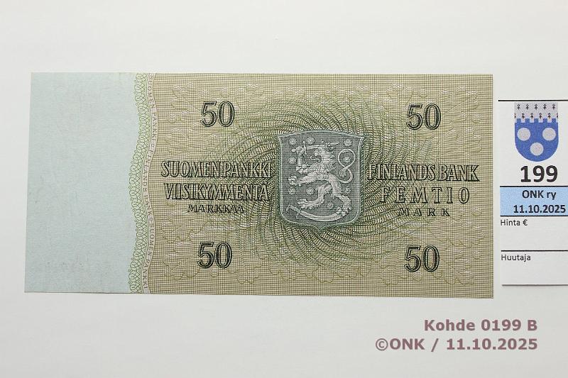 k-0199-b.jpg - Kohde 199 (kuva 2/2), lhthinta: 350 € / ei tarjouksia 50 mk 1963 LB E* SNY 170.6.5 E0161914* KU I-Pu1, korvaava, kunto: 10