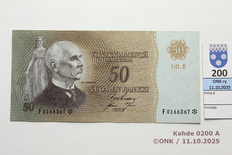 k-0200-a.jpg - Kohde 200 (kuva 1/2), lhthinta: 100 € / ei tarjouksia 50 mk 1963 LB F* SNY 170.6.6 F0166867* KU I-Nar, korvaava, lainetta, kunto: 6