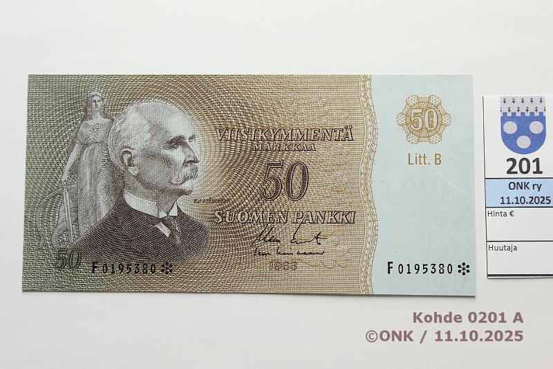 k-0201-a.jpg - Kohde 201 (kuva 1/2), lhthinta: 150 € / ei tarjouksia 50 mk 1963 LB F* SNY 170.6.6 F0195380* KO II-Lin, korvaava, painumia, kunto: 8