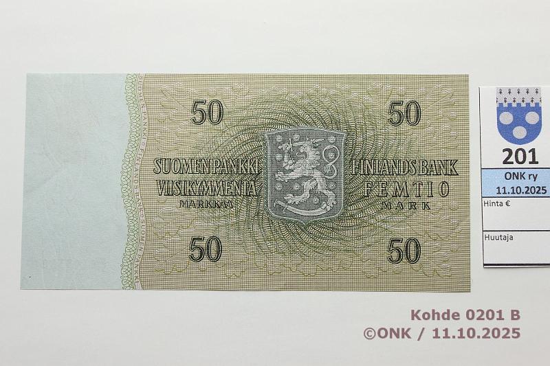 k-0201-b.jpg - Kohde 201 (kuva 2/2), lhthinta: 150 € / ei tarjouksia 50 mk 1963 LB F* SNY 170.6.6 F0195380* KO II-Lin, korvaava, painumia, kunto: 8