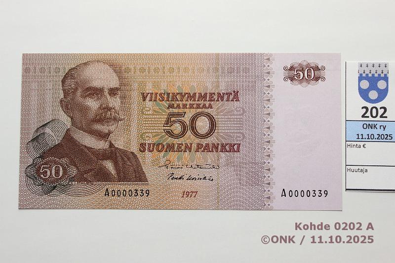k-0202-a.jpg - Kohde 202 (kuva 1/2), lhthinta: 50 € / myyntihinta: 52 € 50 mk 1977 SNY 171.1.1 A0000339 HET-Ko1, pienehk n:o, kunto: 9