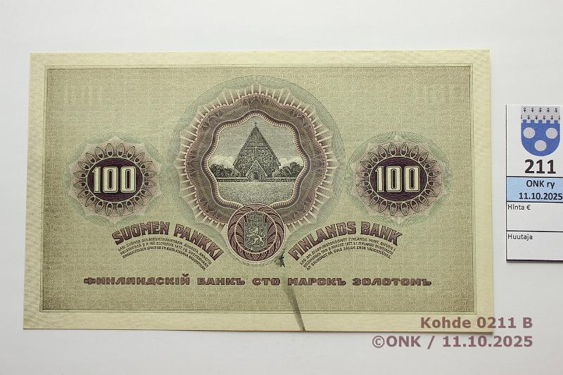 k-0211-b.jpg - Kohde 211 (kuva 2/2), lhthinta: 1200 € / ei tarjouksia 100 mk 1909 SNY 176.1.1 1313258 JR-Ml, takana tahra, ex-SNY, kunto: 7
