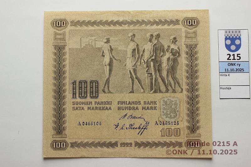 k-0215-a.jpg - Kohde 215 (kuva 1/2), lhthinta: 900 € / myyntihinta: 900 € 100 mk 1922 SNY 178.1 A0465105 BA II-The, keskitaitos, painumia, 8mm saumarep, kunto: 7