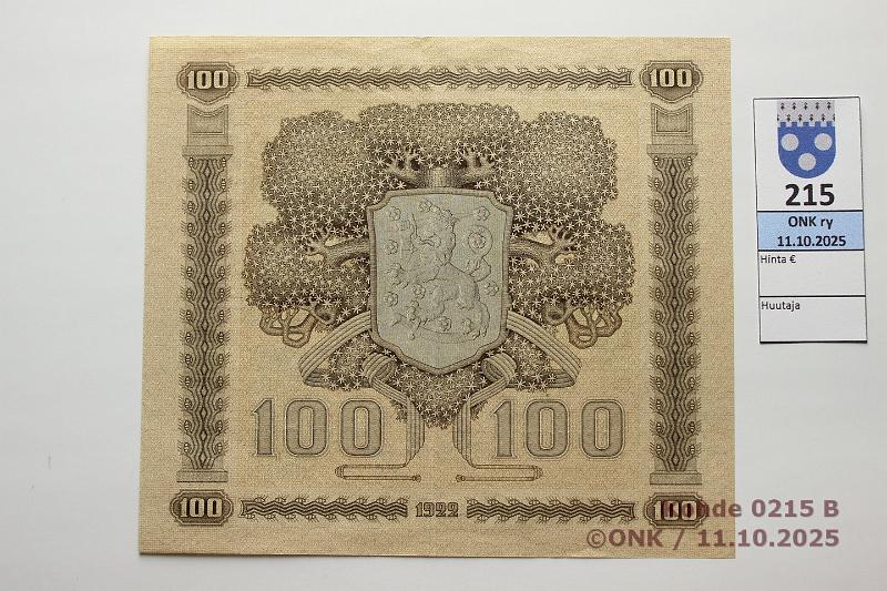 k-0215-b.jpg - Kohde 215 (kuva 2/2), lhthinta: 900 € / myyntihinta: 900 € 100 mk 1922 SNY 178.1 A0465105 BA II-The, keskitaitos, painumia, 8mm saumarep, kunto: 7