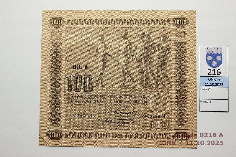 k-0216-a.jpg - Kohde 216 (kuva 1/2), lhthinta: 25 € / myyntihinta: 25 € 100 mk 1922 LC SNY 178.4.1 0522044 RAN-AAs, kunto: 5