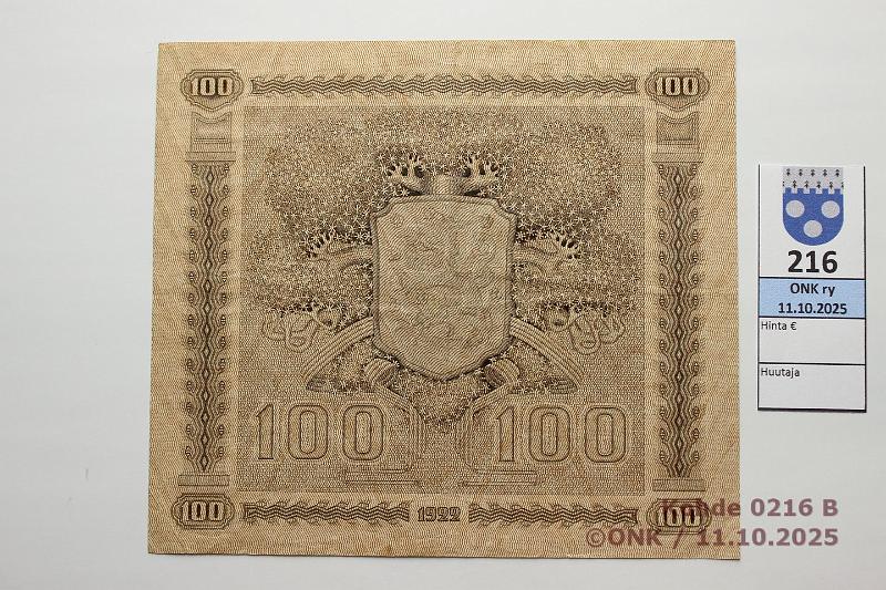 k-0216-b.jpg - Kohde 216 (kuva 2/2), lhthinta: 25 € / myyntihinta: 25 € 100 mk 1922 LC SNY 178.4.1 0522044 RAN-AAs, kunto: 5