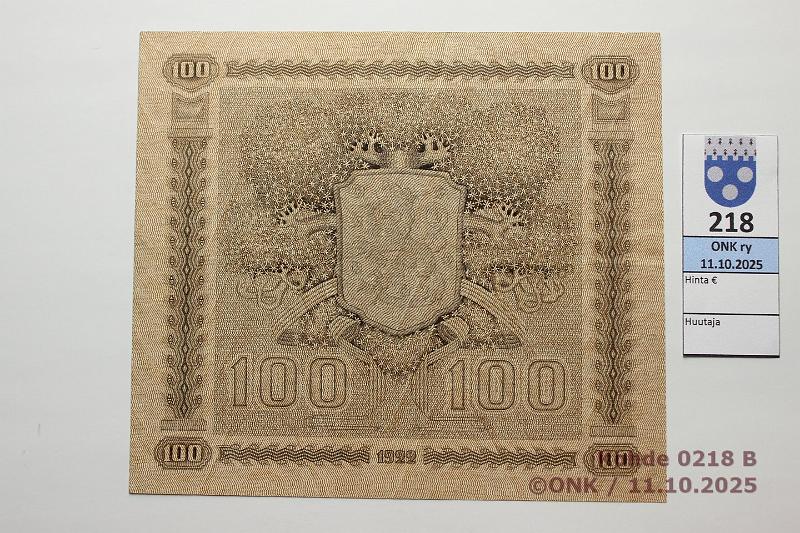 k-0218-b.jpg - Kohde 218 (kuva 2/2), lhthinta: 40 € / myyntihinta: 40 € 100 mk 1922 LC SNY 178.4.1 Y0750025 RYT-Wah, kunto: 6