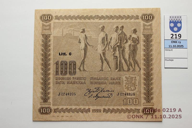 k-0219-a.jpg - Kohde 219 (kuva 1/2), lhthinta: 100 € / myyntihinta: 100 € 100 mk 1922 LC SNY 178.4.1 J0748205 KAL-OAs, kunto: 8